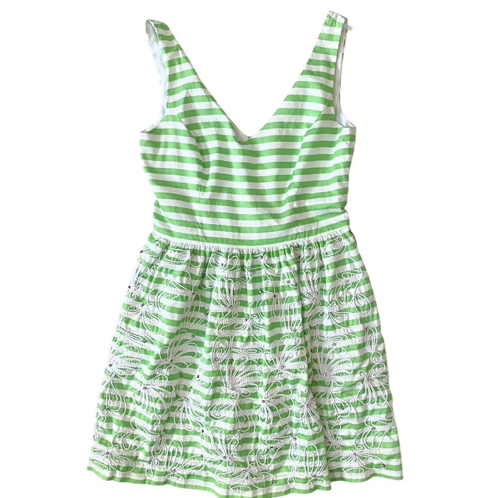 Lilly Pulitzer Fit and Flare Dress Striped‎ Embroidered, Women 10 Green